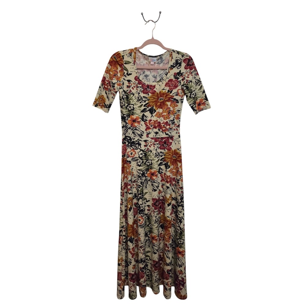 LuLaRoe Ana Dress Womens Small Floral Maxi Dress Boho Fall Cream Orange Burgundy